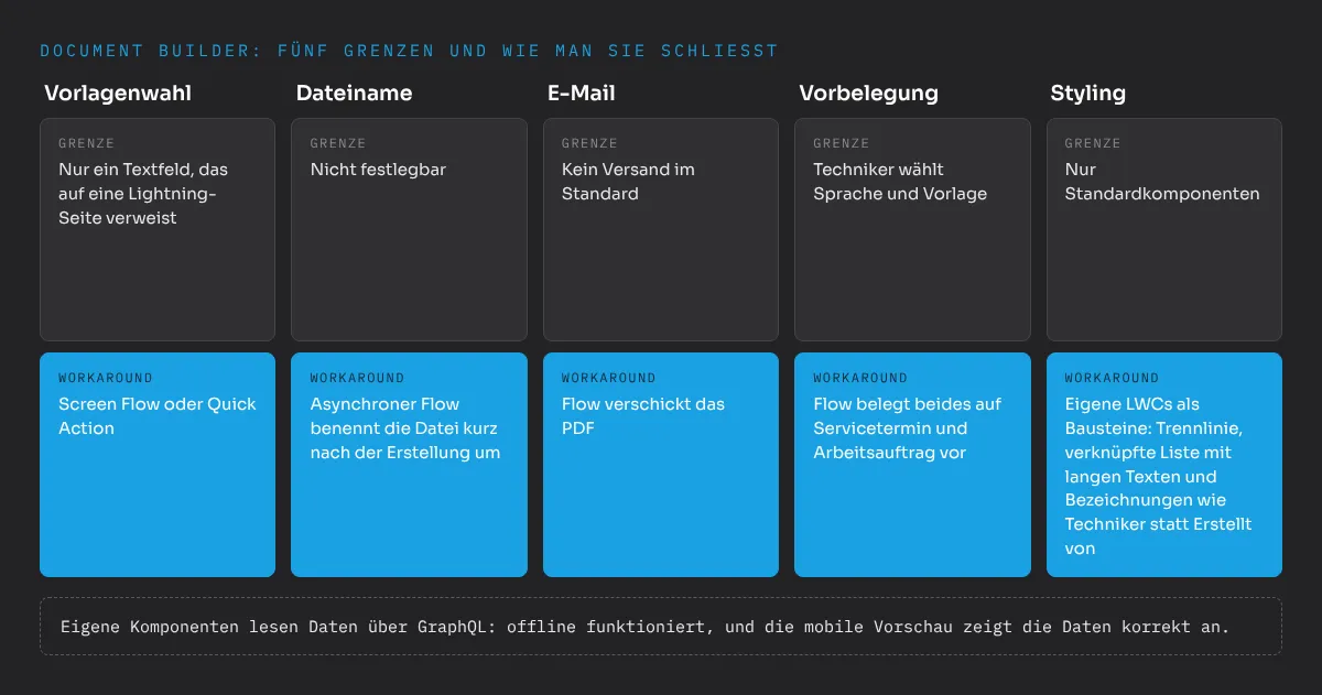 Fünf Grenzen des Salesforce Document Builder und wie man sie schließt. Vorlagenwahl: Die Vorlage ist nur ein Textfeld, das auf eine Lightning-Seite verweist, gelöst mit Screen Flow oder Quick Action. Dateiname: nicht festlegbar, ein asynchroner Flow benennt die Datei kurz nach der Erstellung um. E-Mail: kein Versand im Standard, per Flow nachgebaut. Vorbelegung: Sprache und Vorlage per Flow auf Servicetermin und Arbeitsauftrag. Styling: eigene LWCs als Bausteine, zum Beispiel Trennlinie oder verknüpfte Liste mit langen Textfeldern und Berichtsbezeichnungen wie Techniker statt Erstellt von. Eigene Komponenten lesen Daten über GraphQL, funktionieren offline und erscheinen korrekt in der mobilen Vorschau.