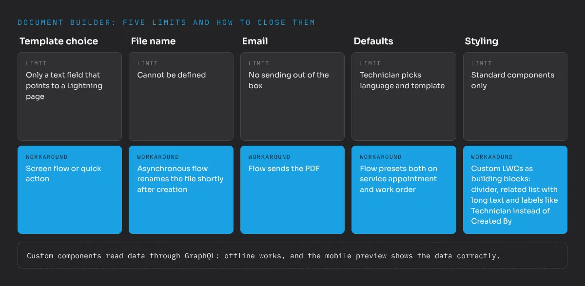 Five limits of the Salesforce Document Builder and how to close them. Template choice: the template is only a text field that points to a Lightning page, solved with a screen flow or quick action. File name: cannot be defined, an asynchronous flow renames the file shortly after creation. Email: no sending out of the box, rebuilt with a flow. Defaults: language and template preset by flow on service appointment and work order. Styling: custom LWCs as building blocks, for example a divider or a related list with long text fields and report labels such as Technician instead of Created By. Custom components read data through GraphQL, so they work offline and show correctly in the mobile preview.