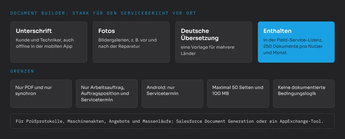 Document Builder in Salesforce Field Service: stark für den Servicebericht vor Ort mit Unterschrift, Fotos, Offline-Erstellung in der mobilen App und deutscher Übersetzung, enthalten in der Field-Service-Lizenz mit 250 Dokumenten pro Nutzer und Monat. Grenzen: nur PDF und nur synchron, nur Arbeitsauftrag, Auftragsposition und Servicetermin, unter Android nur Servicetermin, maximal 50 Seiten und 100 MB, keine dokumentierte Bedingungslogik. Für Prüfprotokolle, Maschinenakten, Angebote und Massenläufe Salesforce Document Generation oder ein AppExchange-Tool.