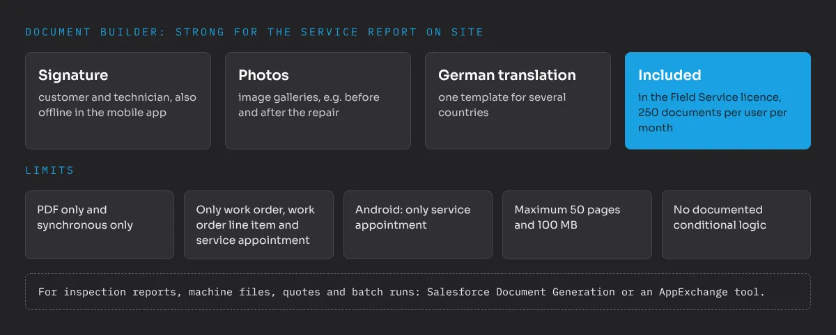 Document Builder in Salesforce Field Service: strong for the service report on site with signature, photos, offline creation in the mobile app and German translation, included in the Field Service licence with 250 documents per user per month. Limits: PDF only and synchronous only, only work order, work order line item and service appointment, Android only service appointment, maximum 50 pages and 100 MB, no documented conditional logic. For inspection reports, machine files, quotes and batch runs use Salesforce Document Generation or an AppExchange tool.
